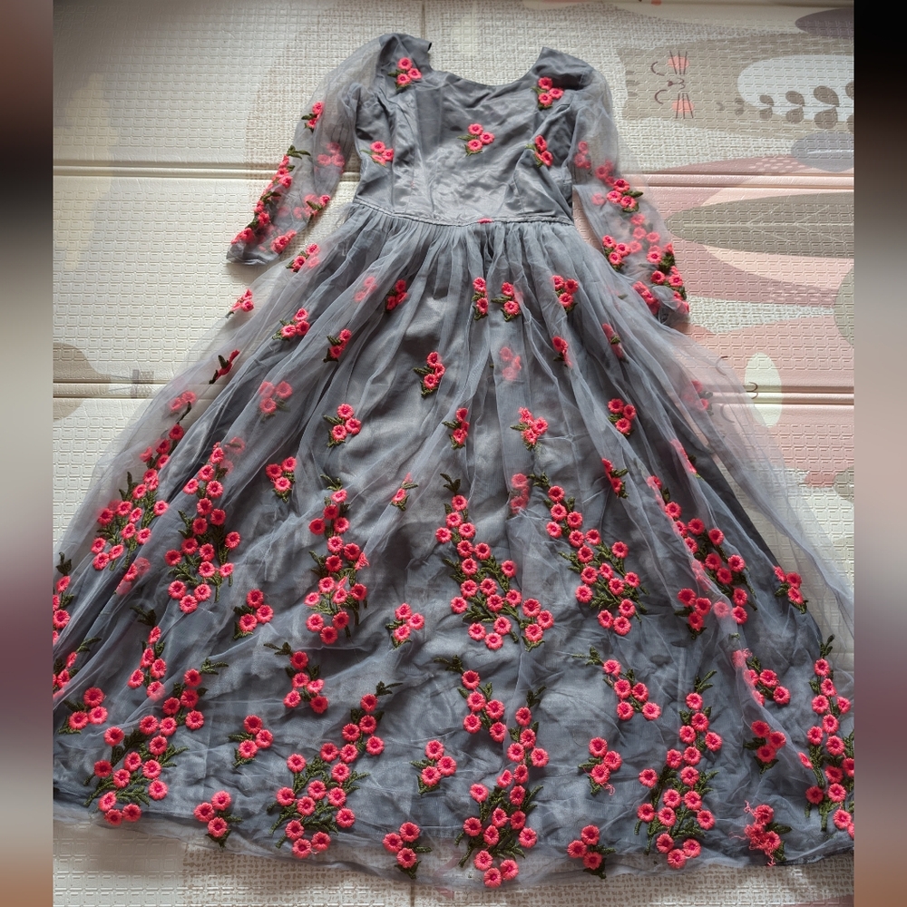 Gray Dress with Pink Floral Embroidery